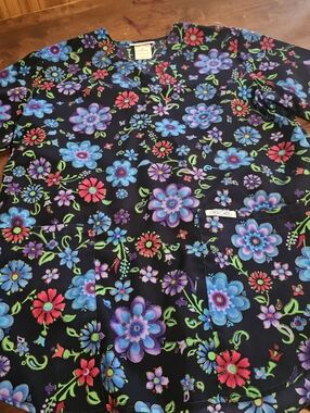 Cherokee Black Floral Scrub Top with Blue, Purple & Pink Flowers